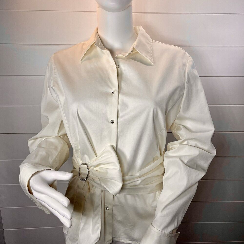 Y2K JONES NEW YORK Womens Cotton Blouse M White Rhinestone Buttons French Cuff